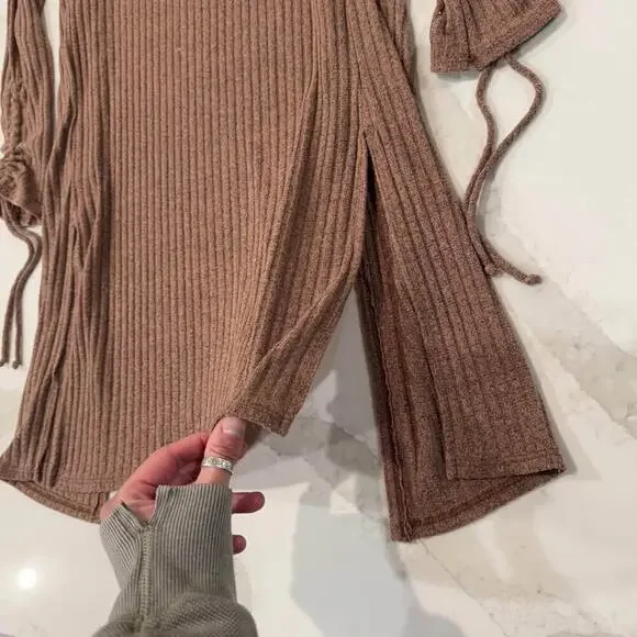Daytrip Ribbed Flyaway Long Duster Cardigan Sweater Brown Women XS Ruched Sleeve - Picture 7 of 7